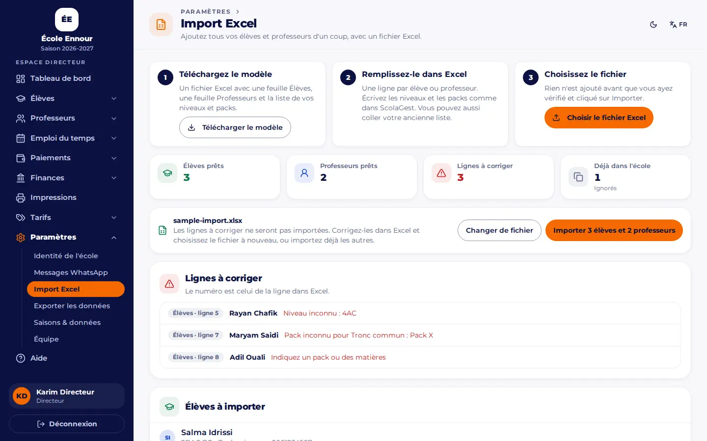 Importez votre fichier Excel, ou remplissez le centre avec des exemples pour tout essayer.