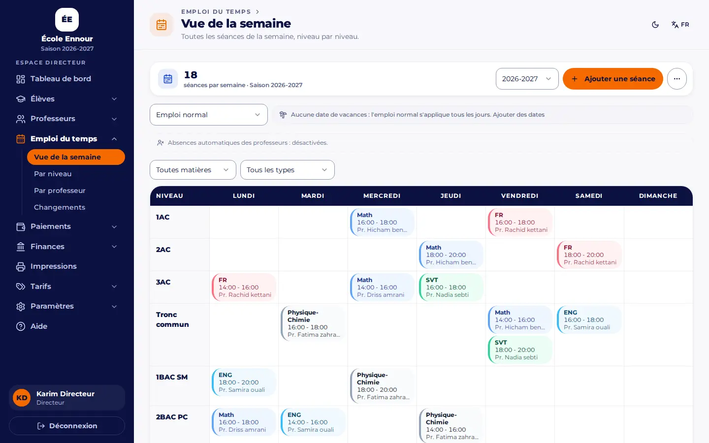 Emploi du temps de la semaine par niveau dans ScolaGest, de la 1AC au 2BAC