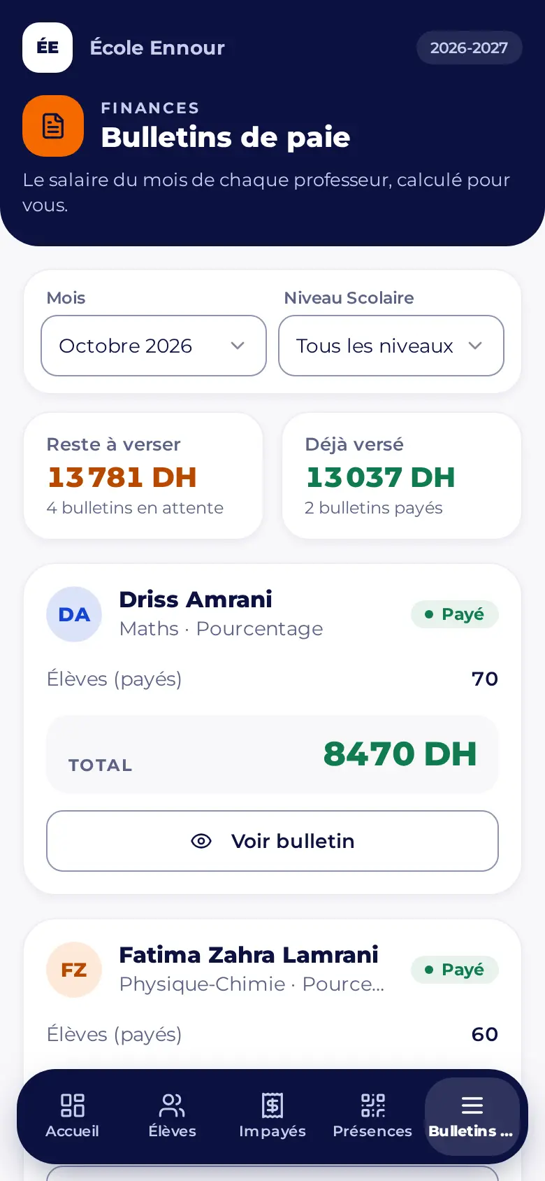 Bulletins de paie : Le salaire de chaque professeur, calculé.