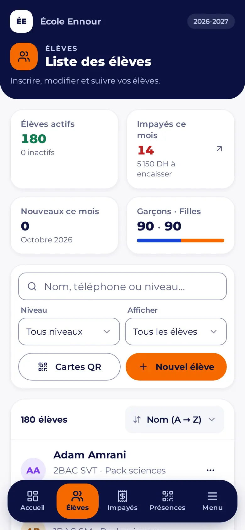 Élèves : Inscription, packs, badges QR et historique.