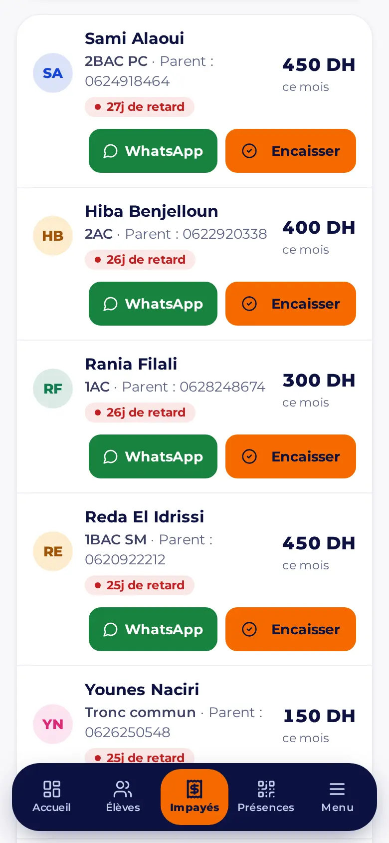 Impayés : Retard en jours, relance WhatsApp, encaissement.